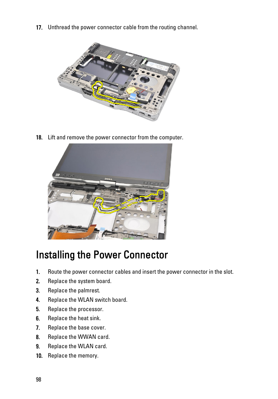 Installing the power connector | Dell Latitude XT3 (Mid 2011) User Manual | Page 98 / 147