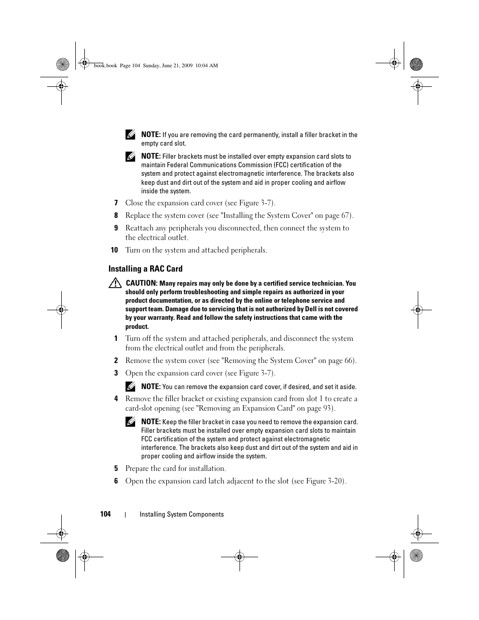 Installing a rac card | Dell PowerEdge T300 User Manual | Page 104 / 194