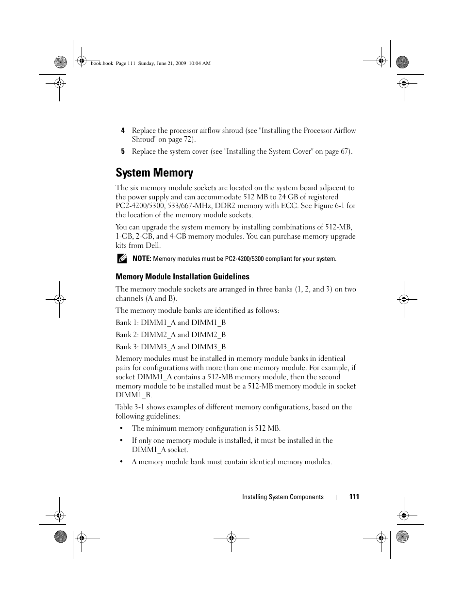 System memory, Memory module installation guidelines | Dell PowerEdge T300 User Manual | Page 111 / 194