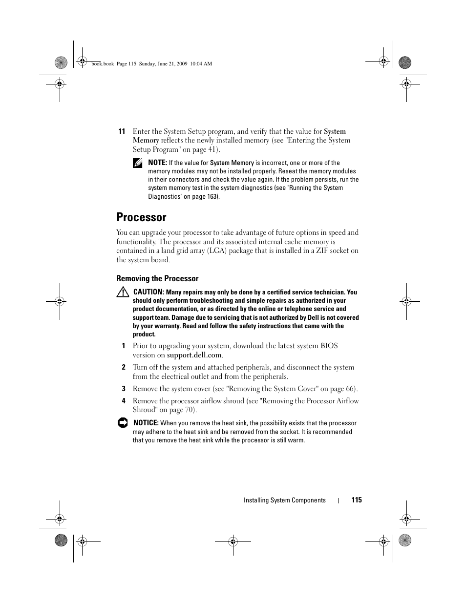 Processor, Removing the processor | Dell PowerEdge T300 User Manual | Page 115 / 194