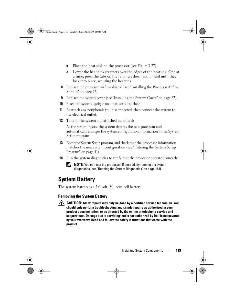System battery, Removing the system battery | Dell PowerEdge T300 User Manual | Page 119 / 194