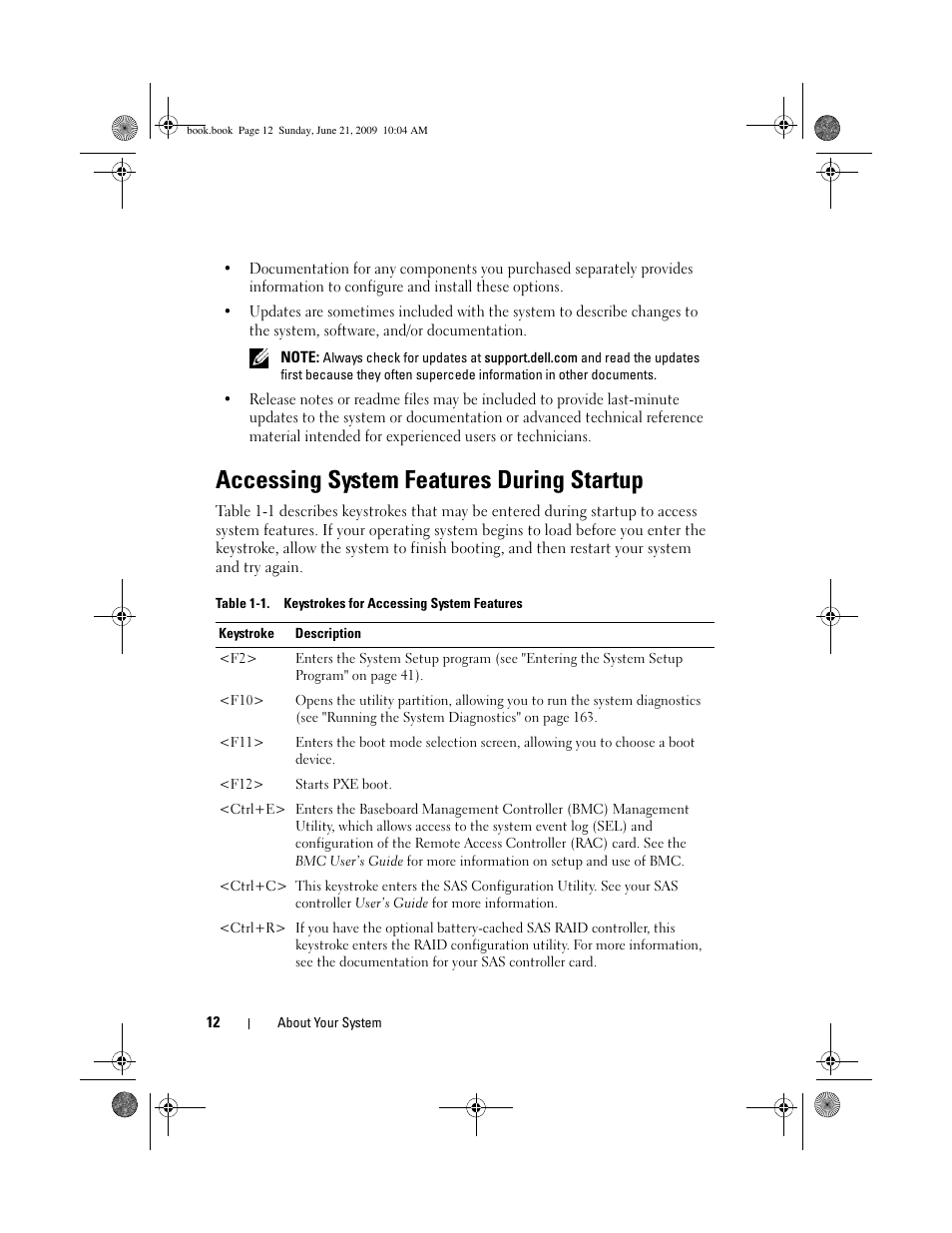 Accessing system features during startup | Dell PowerEdge T300 User Manual | Page 12 / 194