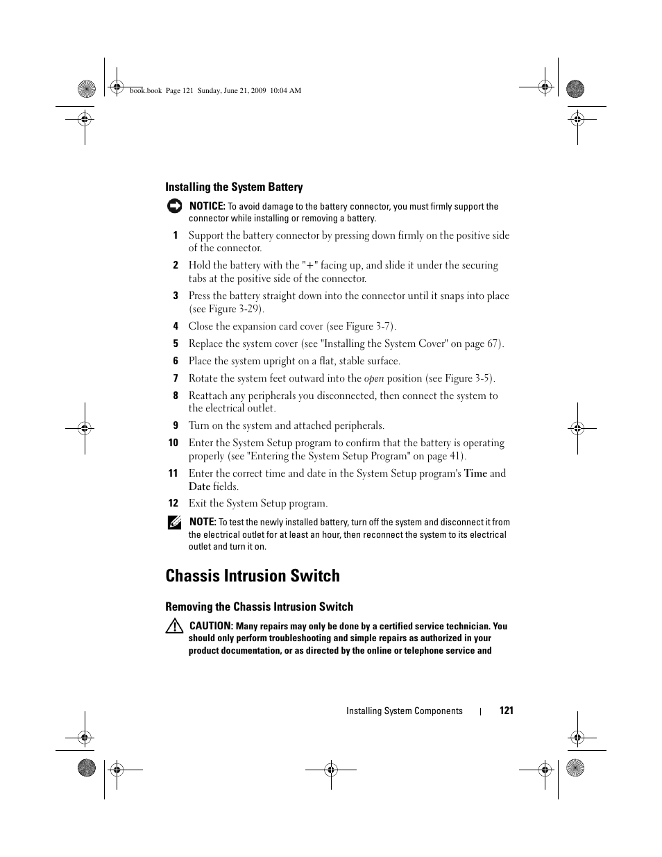 Installing the system battery, Chassis intrusion switch, Removing the chassis intrusion switch | Dell PowerEdge T300 User Manual | Page 121 / 194