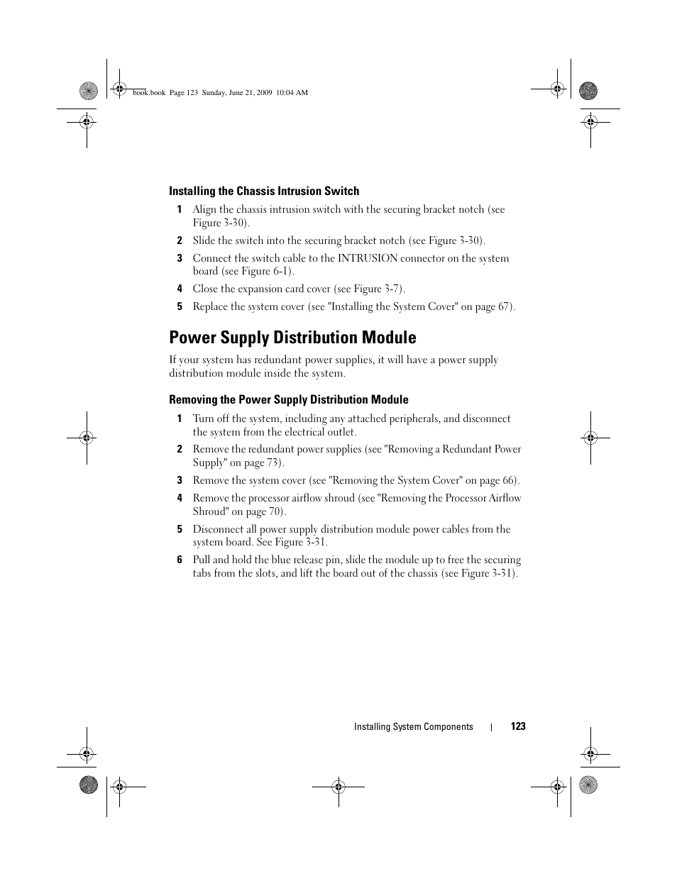 Installing the chassis intrusion switch, Power supply distribution module, Removing the power supply distribution module | Dell PowerEdge T300 User Manual | Page 123 / 194