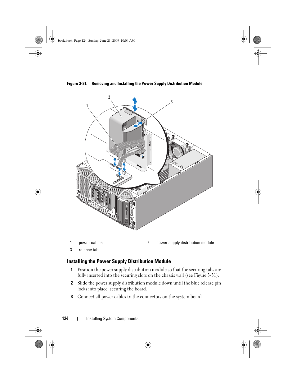 Installing the power supply distribution module, D. see figure 3-31, D out of the chassis (see figure 3-31) | Dell PowerEdge T300 User Manual | Page 124 / 194