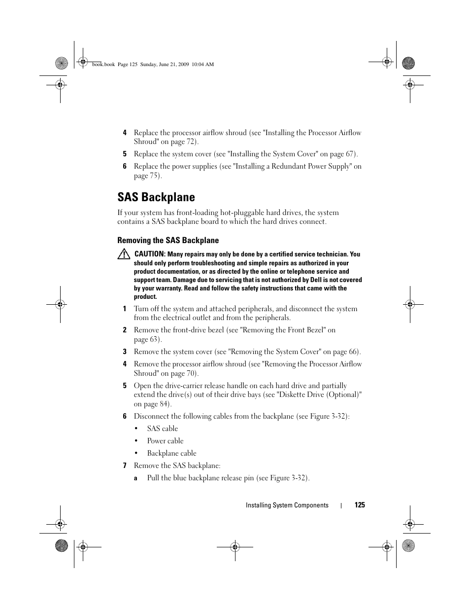 Sas backplane, Removing the sas backplane | Dell PowerEdge T300 User Manual | Page 125 / 194