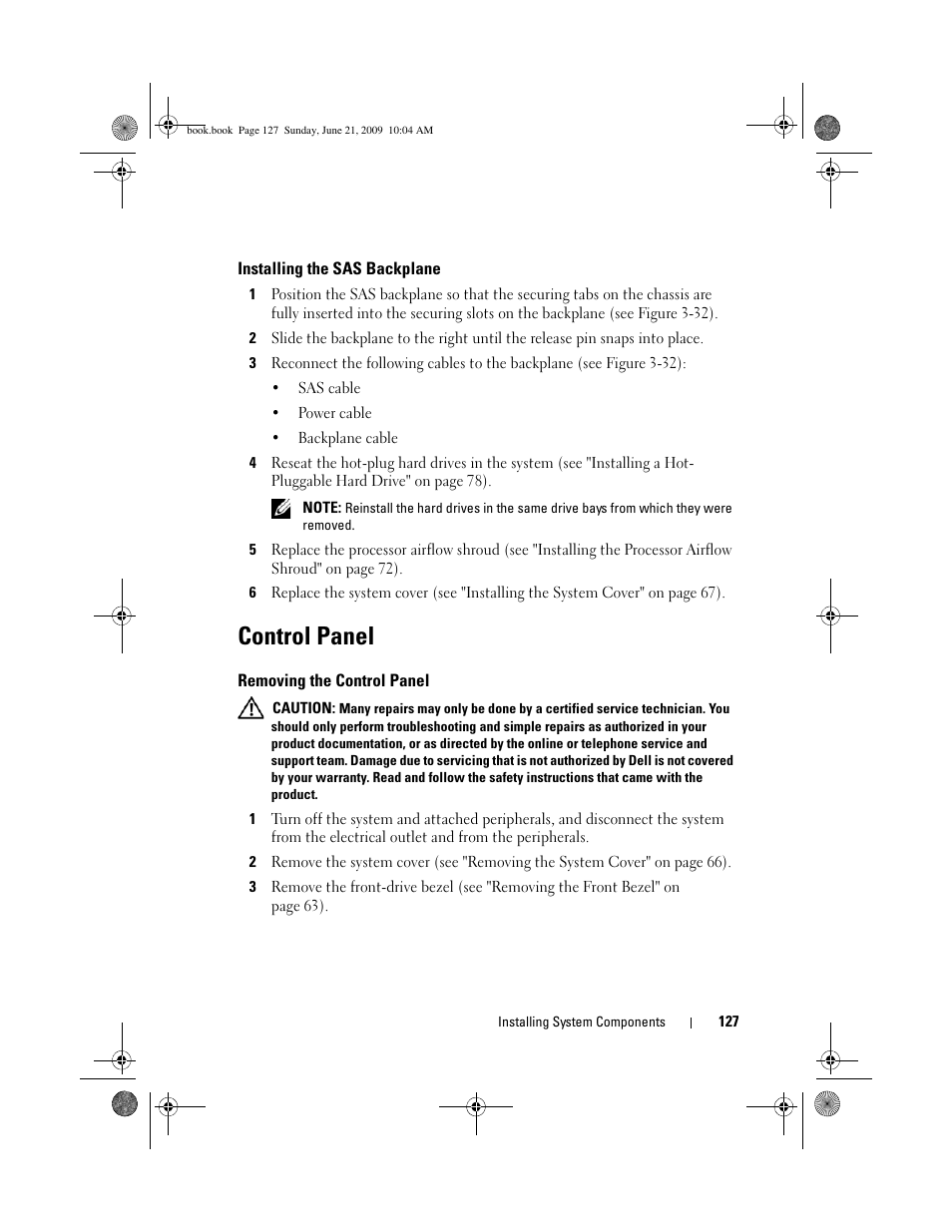 Installing the sas backplane, Control panel, Removing the control panel | Dell PowerEdge T300 User Manual | Page 127 / 194