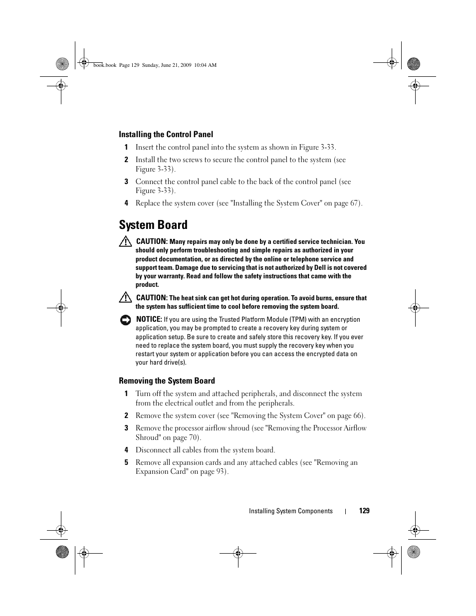 Installing the control panel, System board, Removing the system board | Dell PowerEdge T300 User Manual | Page 129 / 194