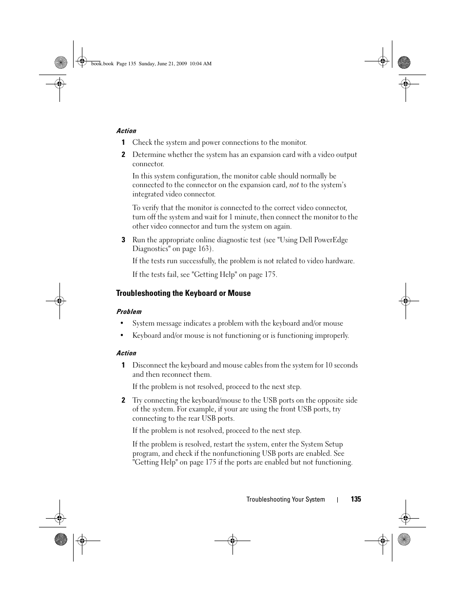 Troubleshooting the keyboard or mouse | Dell PowerEdge T300 User Manual | Page 135 / 194