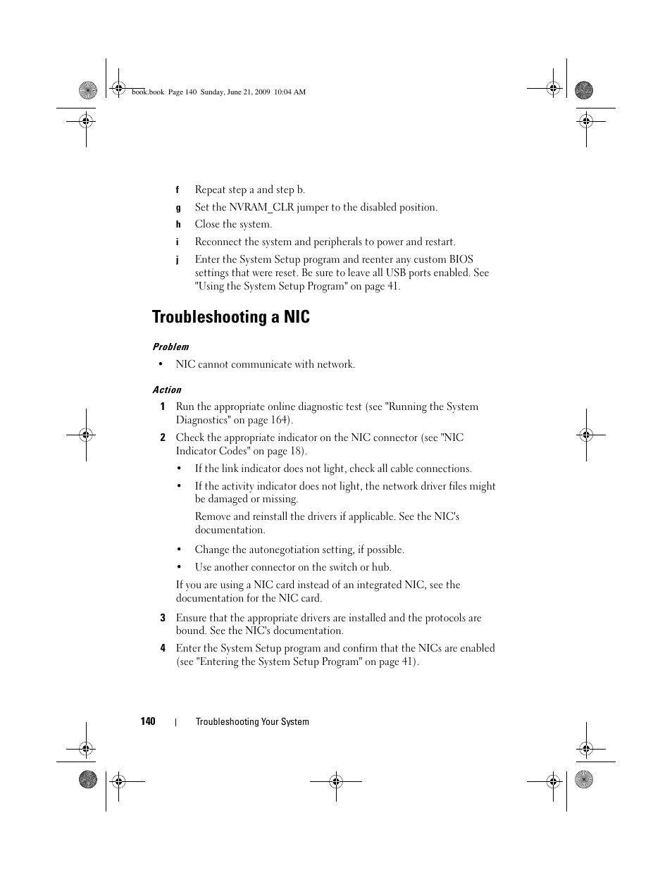 Troubleshooting a nic | Dell PowerEdge T300 User Manual | Page 140 / 194