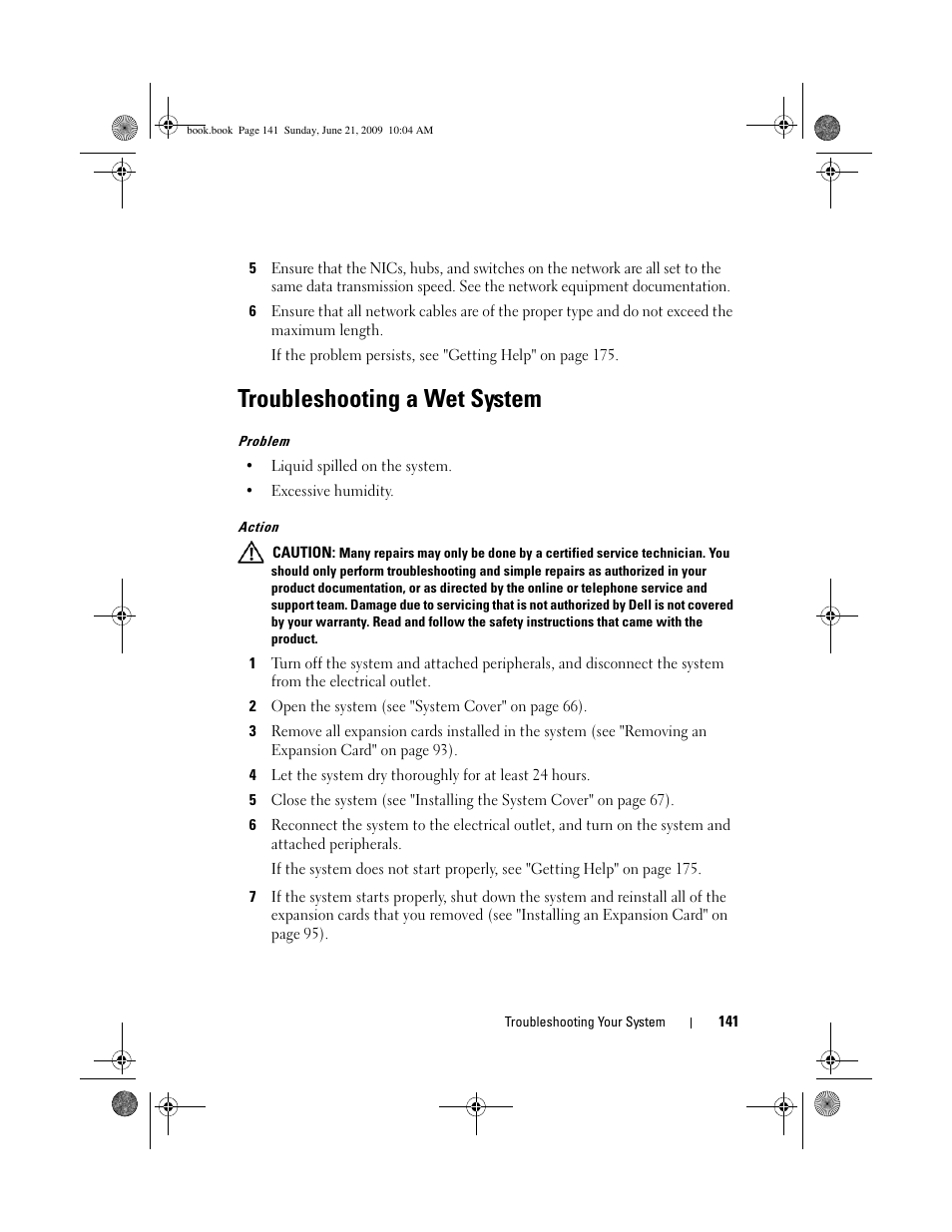 Troubleshooting a wet system | Dell PowerEdge T300 User Manual | Page 141 / 194