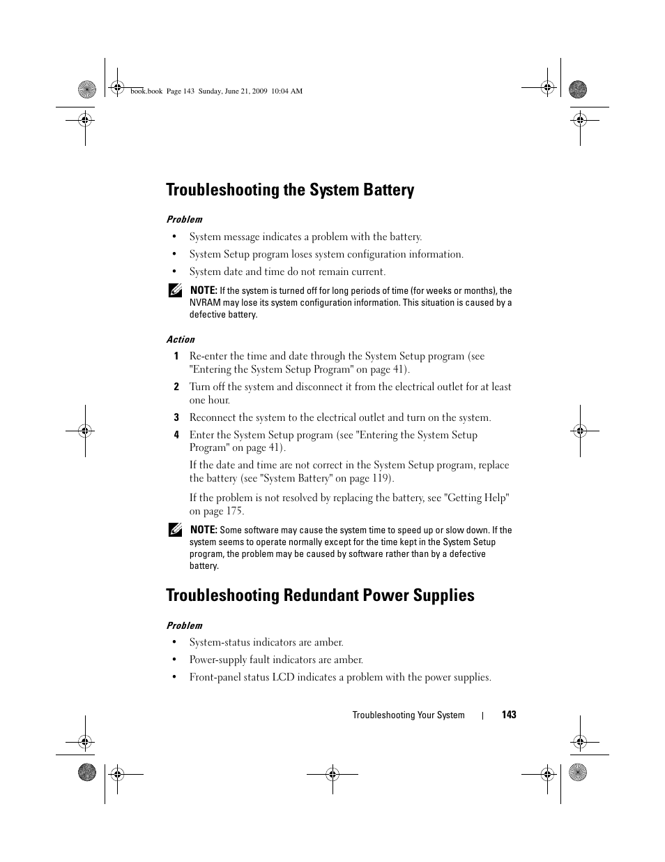 Troubleshooting the system battery, Troubleshooting redundant power supplies | Dell PowerEdge T300 User Manual | Page 143 / 194