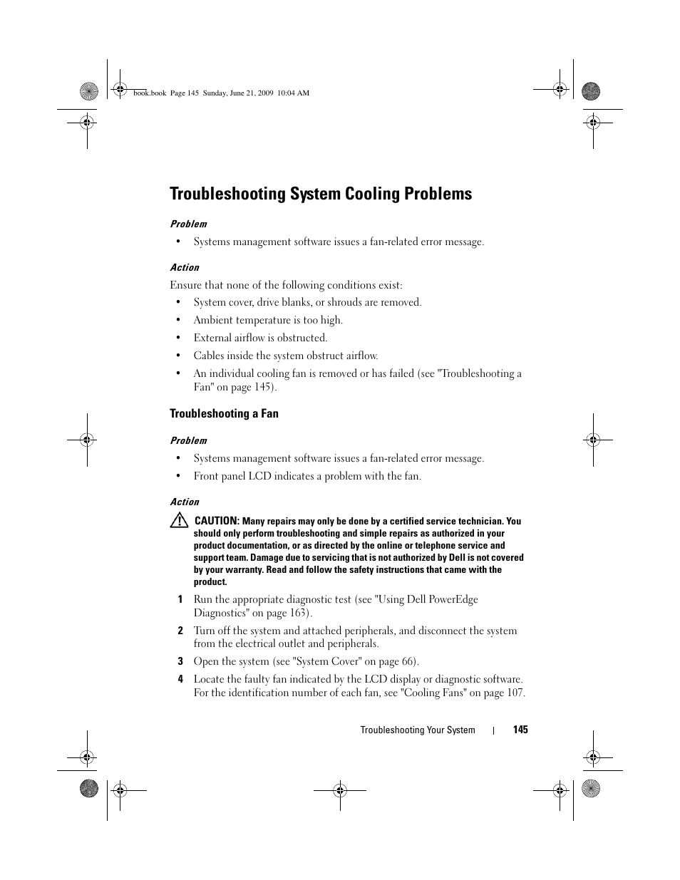 Troubleshooting system cooling problems, Troubleshooting a fan | Dell PowerEdge T300 User Manual | Page 145 / 194