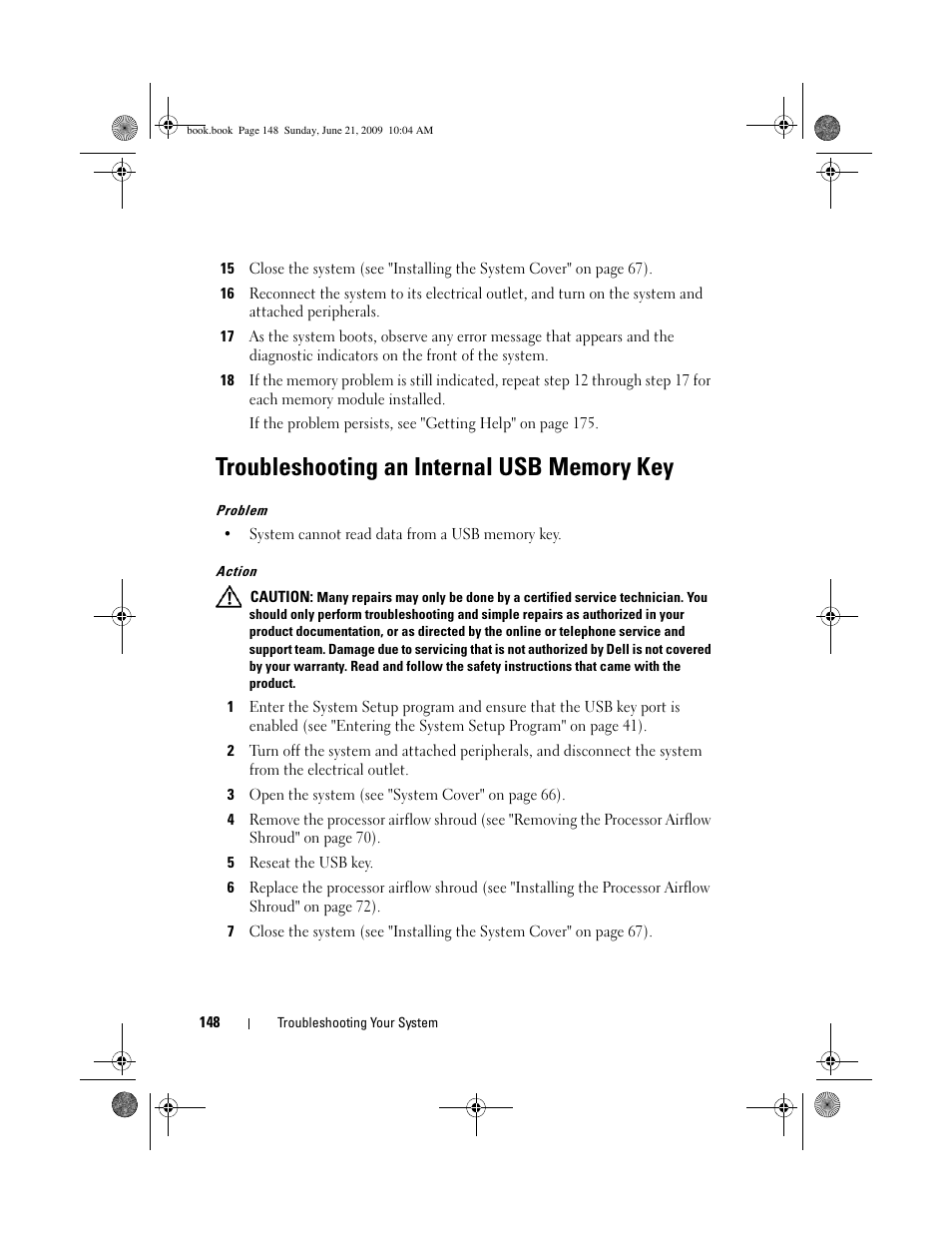 Troubleshooting an internal usb memory key | Dell PowerEdge T300 User Manual | Page 148 / 194