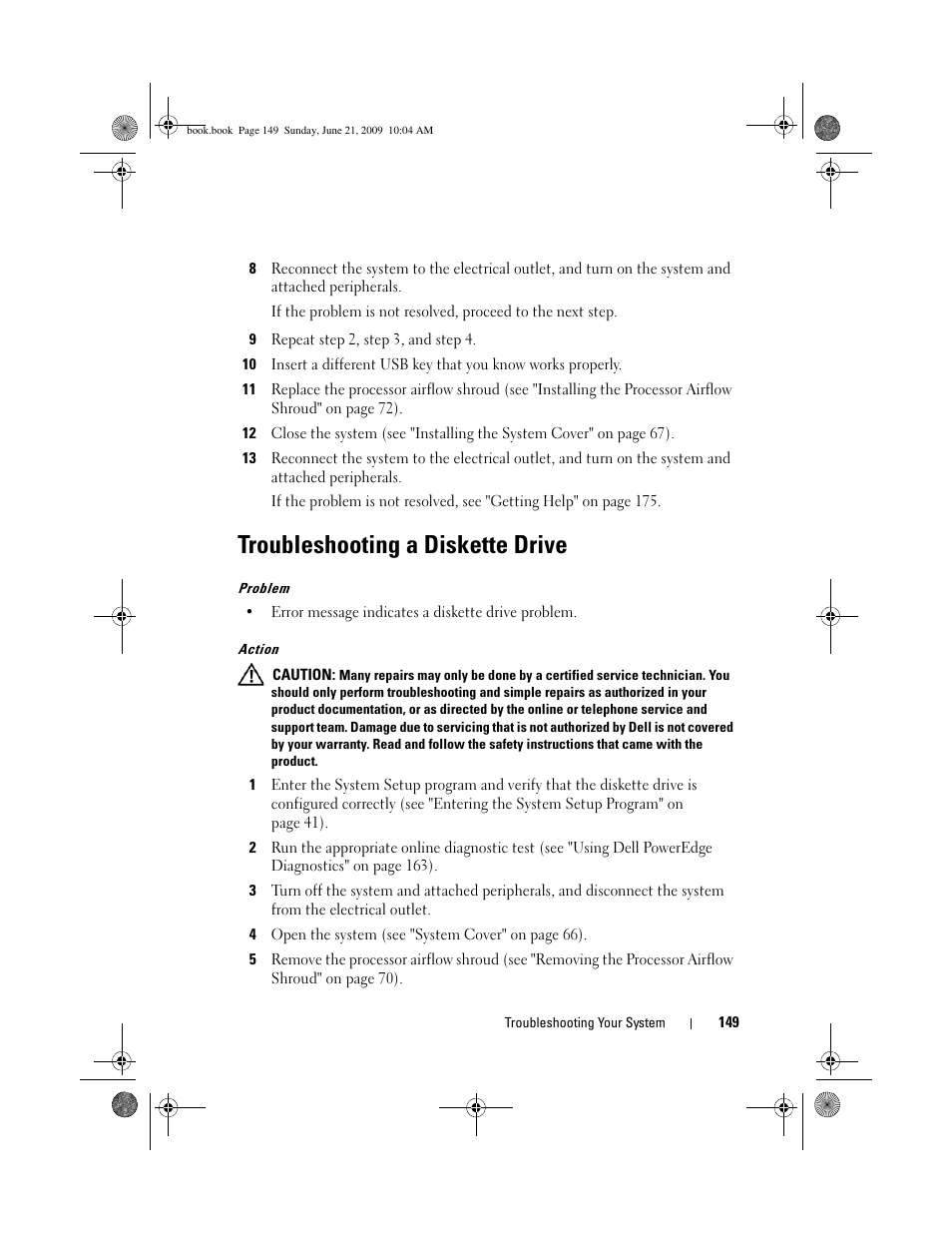 Troubleshooting a diskette drive | Dell PowerEdge T300 User Manual | Page 149 / 194
