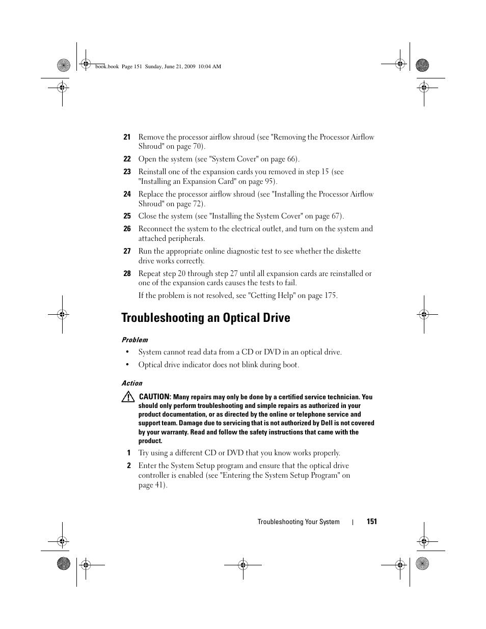 Troubleshooting an optical drive | Dell PowerEdge T300 User Manual | Page 151 / 194