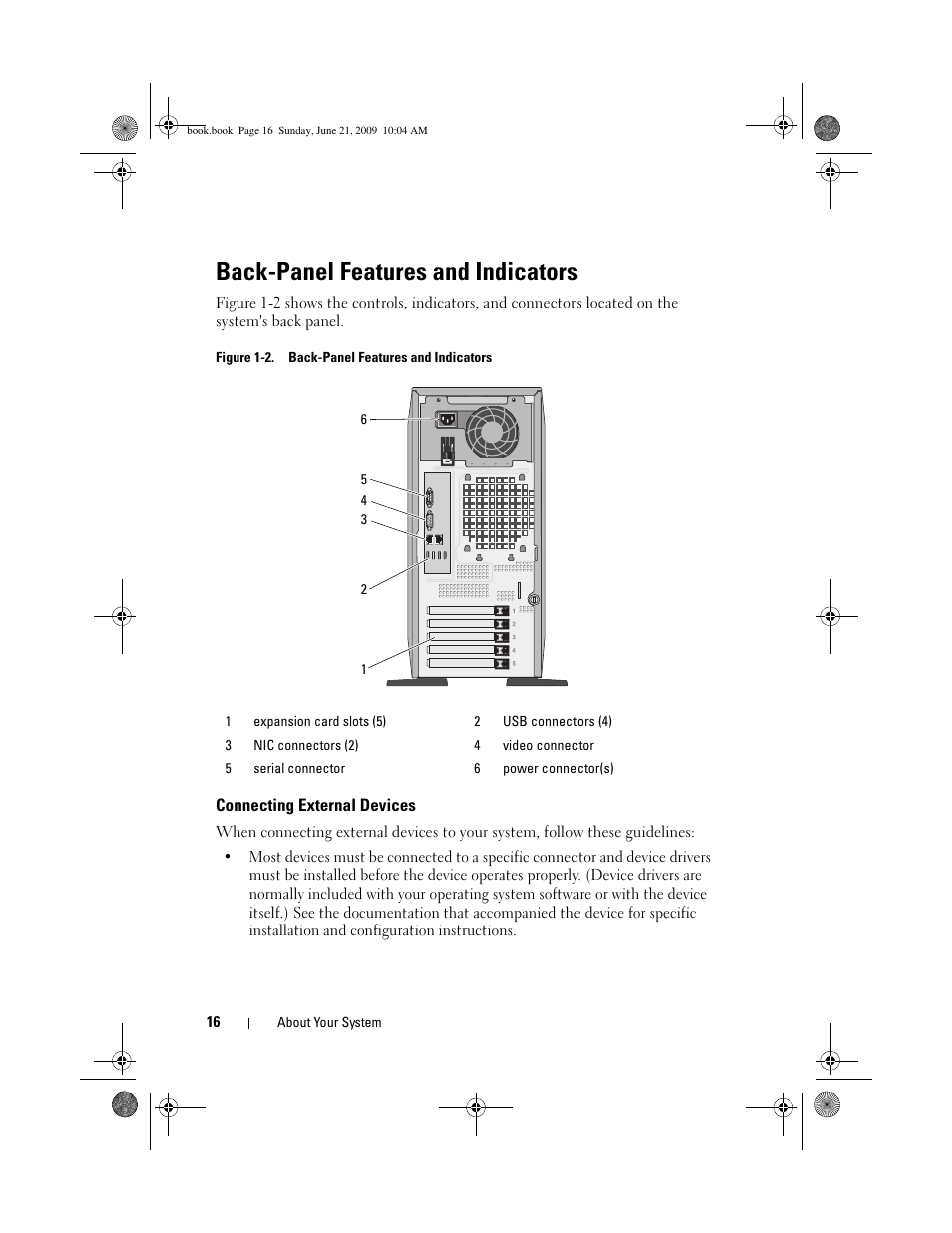 Back-panel features and indicators, Connecting external devices | Dell PowerEdge T300 User Manual | Page 16 / 194