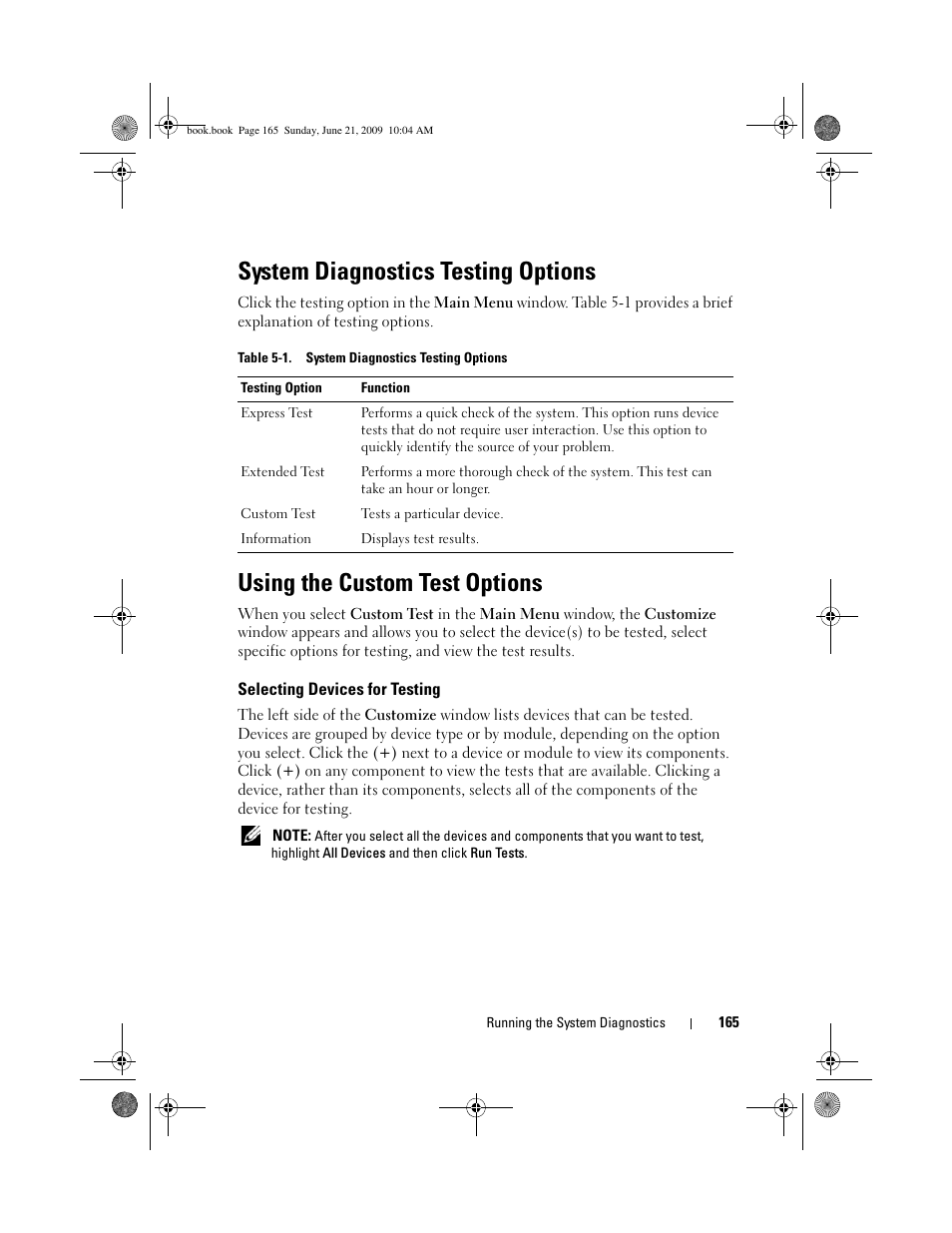 System diagnostics testing options, Using the custom test options, Selecting devices for testing | Dell PowerEdge T300 User Manual | Page 165 / 194