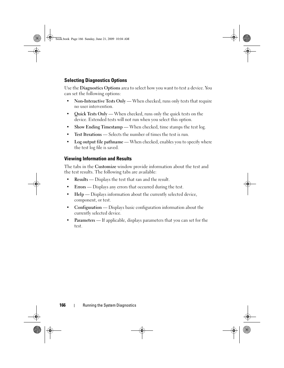 Selecting diagnostics options, Viewing information and results | Dell PowerEdge T300 User Manual | Page 166 / 194