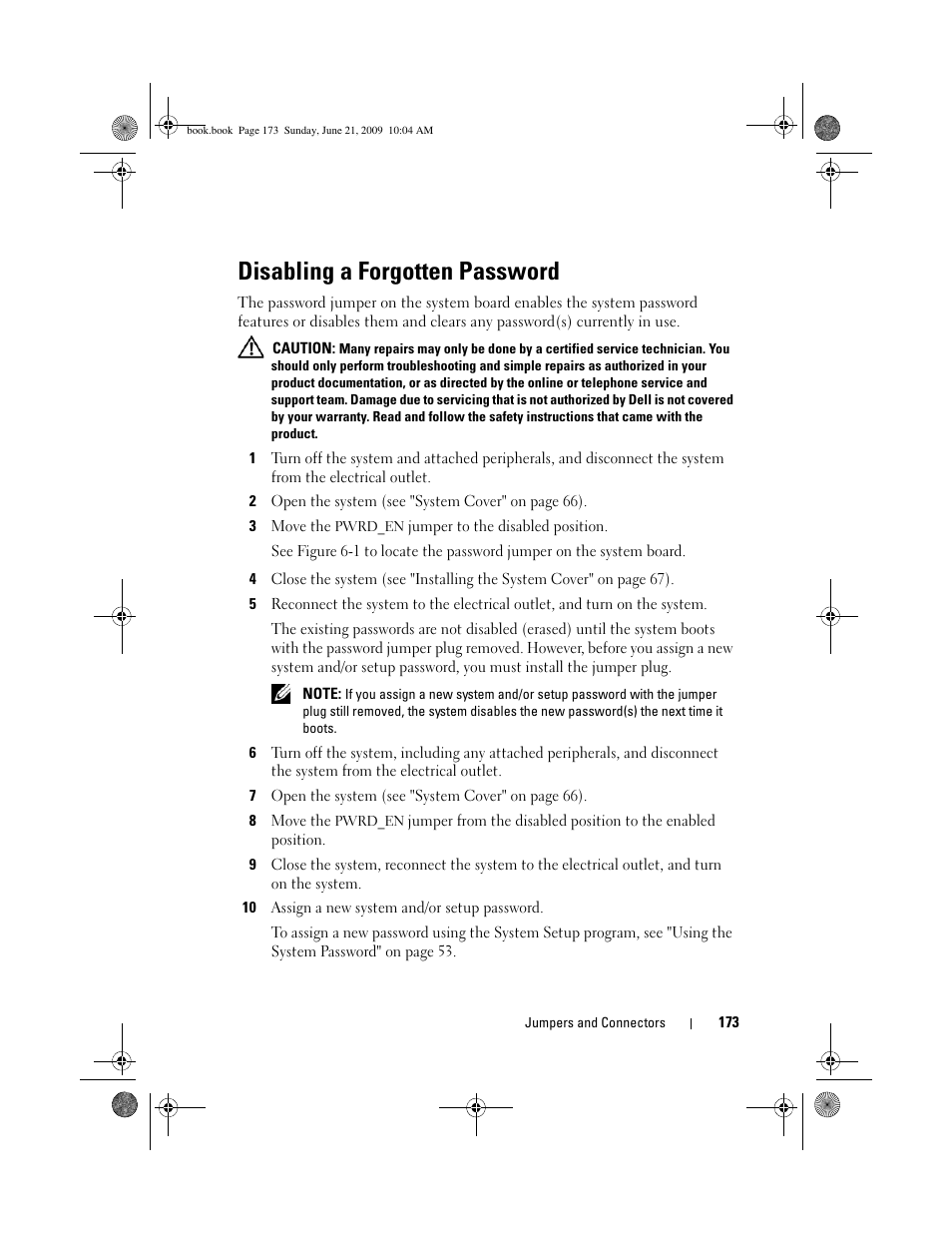 Disabling a forgotten password | Dell PowerEdge T300 User Manual | Page 173 / 194