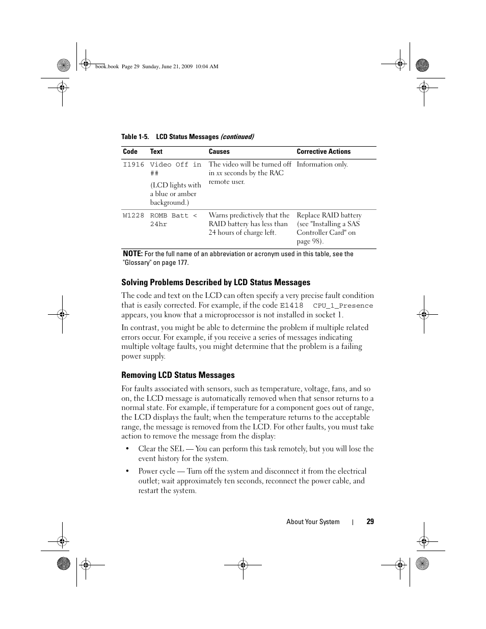 Solving problems described by lcd status messages, Removing lcd status messages | Dell PowerEdge T300 User Manual | Page 29 / 194