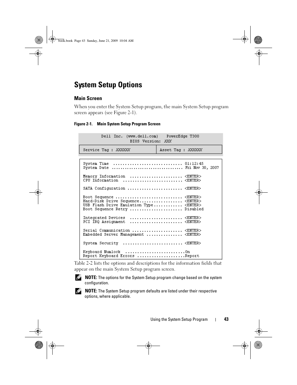 System setup options, Main screen | Dell PowerEdge T300 User Manual | Page 43 / 194