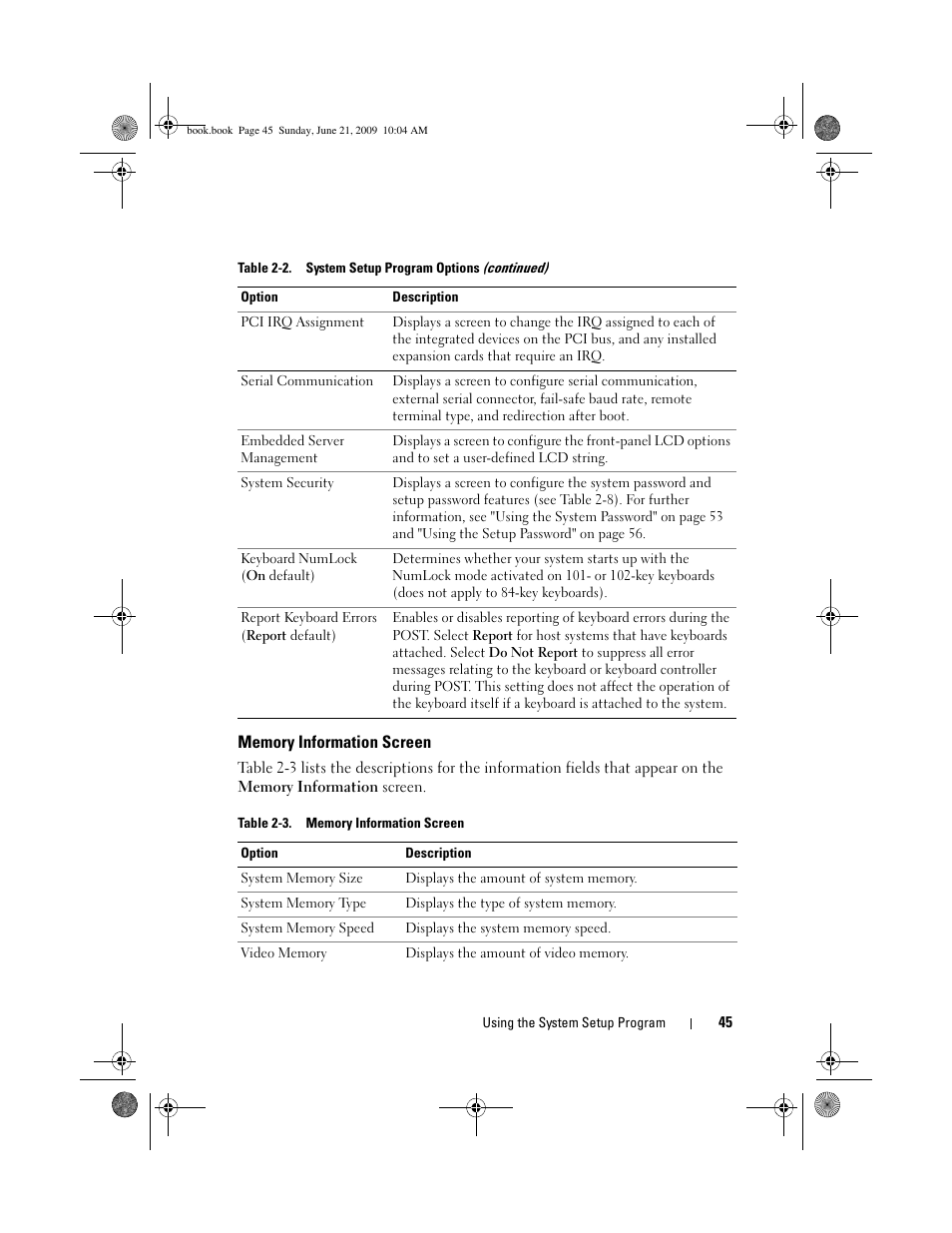 Memory information screen | Dell PowerEdge T300 User Manual | Page 45 / 194