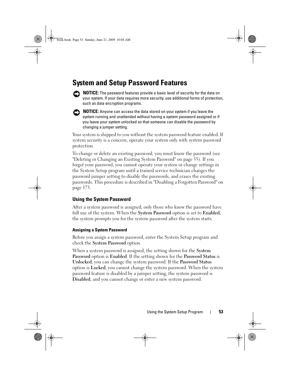 System and setup password features, Using the system password | Dell PowerEdge T300 User Manual | Page 53 / 194