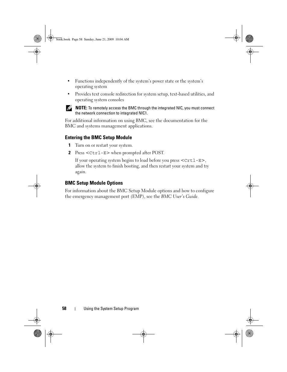 Entering the bmc setup module, Bmc setup module options | Dell PowerEdge T300 User Manual | Page 58 / 194
