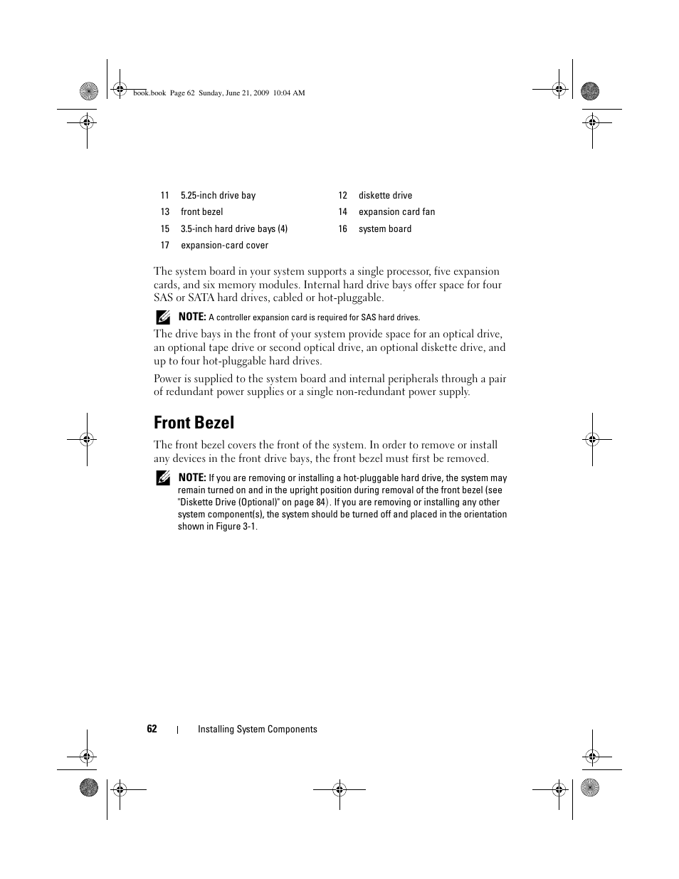 Front bezel | Dell PowerEdge T300 User Manual | Page 62 / 194