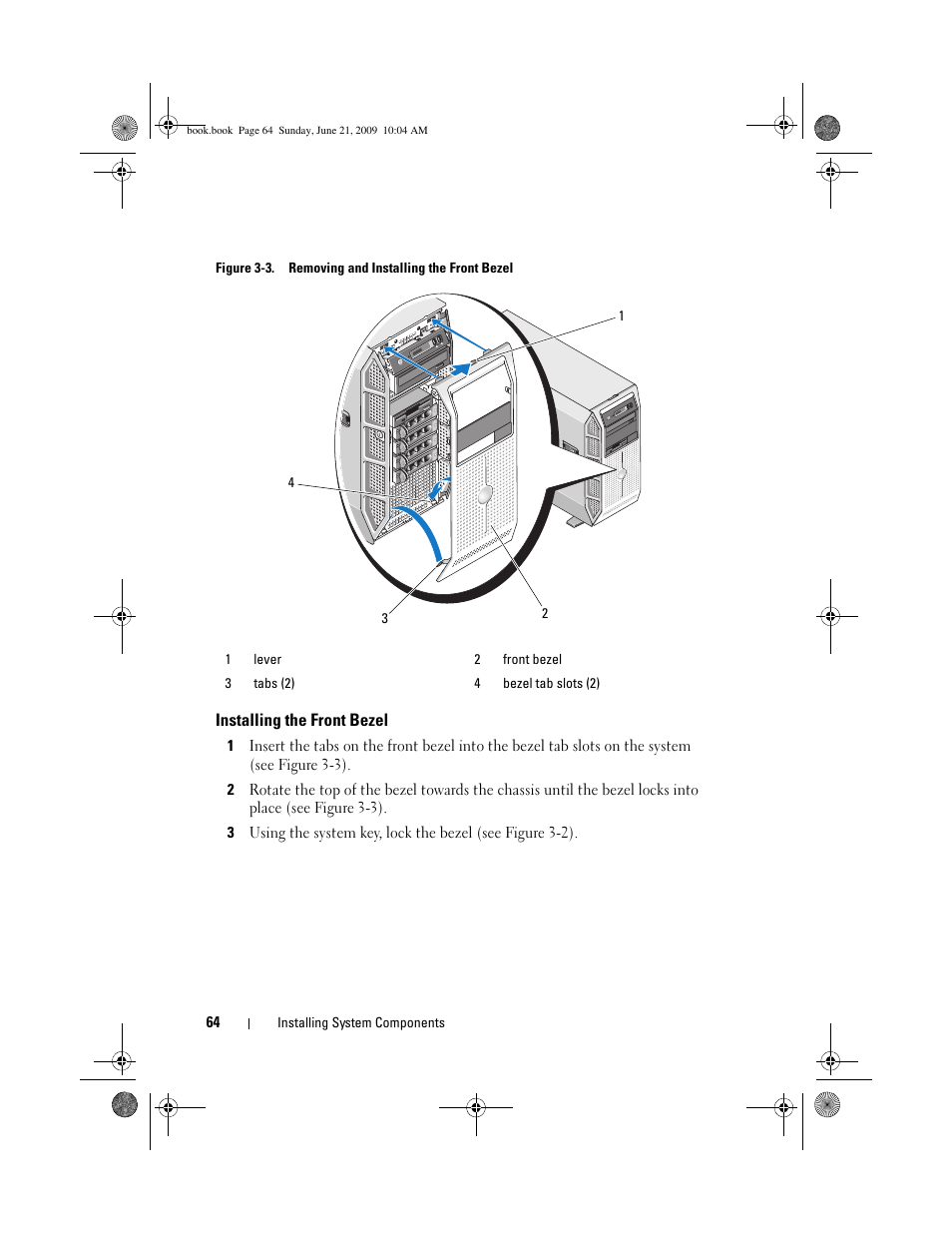 Installing the front bezel | Dell PowerEdge T300 User Manual | Page 64 / 194