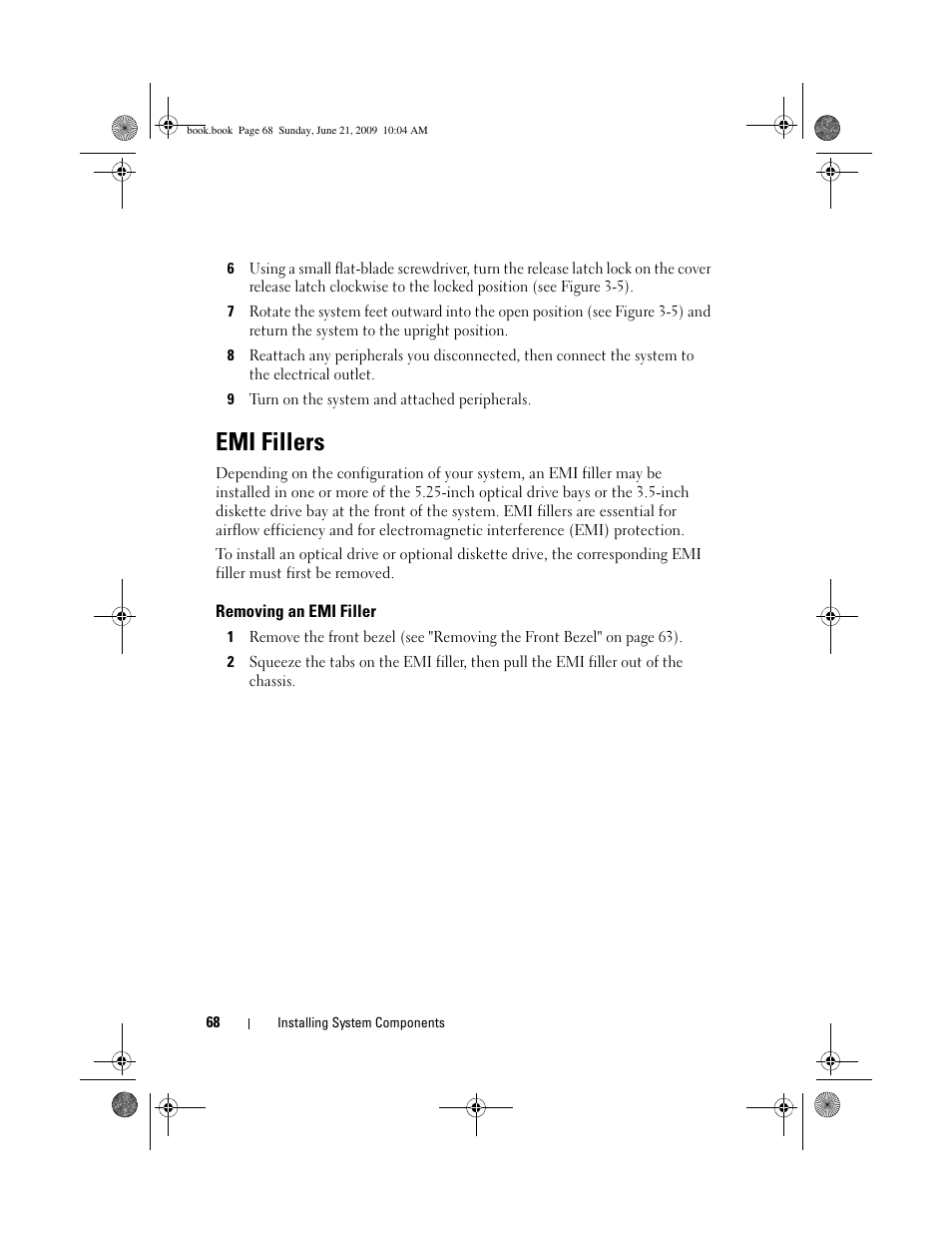 Emi fillers, Removing an emi filler | Dell PowerEdge T300 User Manual | Page 68 / 194