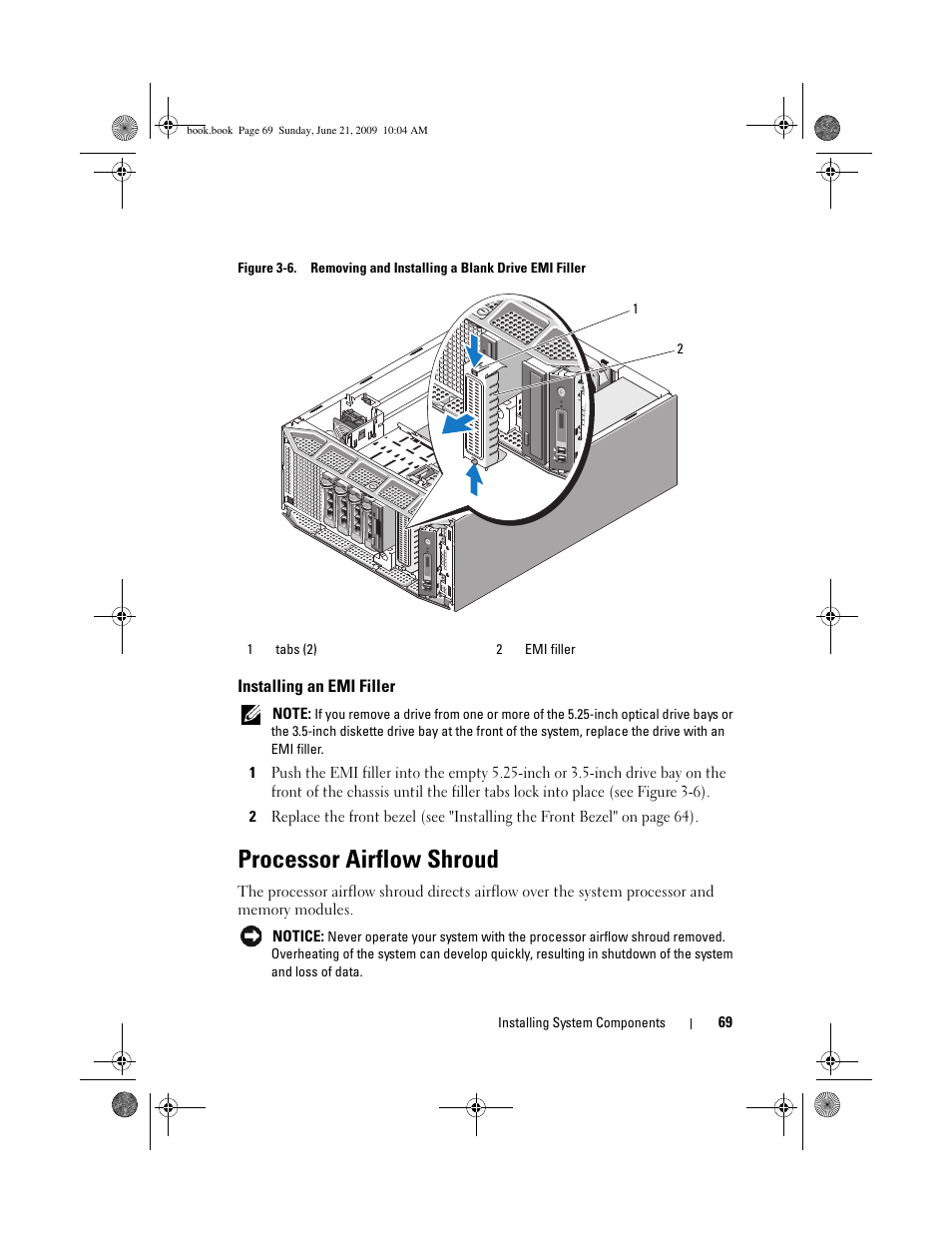 Installing an emi filler, Processor airflow shroud | Dell PowerEdge T300 User Manual | Page 69 / 194