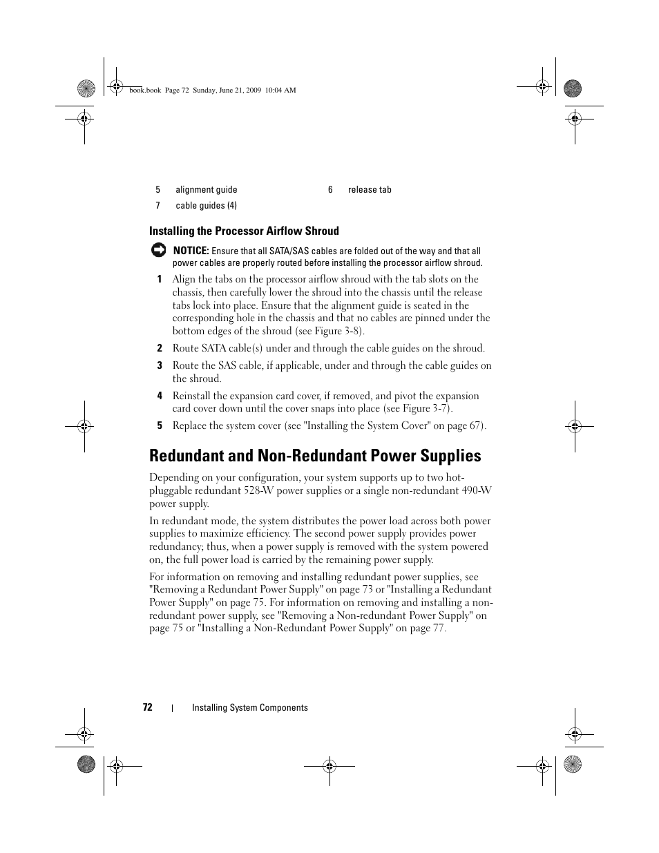 Installing the processor airflow shroud, Redundant and non-redundant power supplies | Dell PowerEdge T300 User Manual | Page 72 / 194