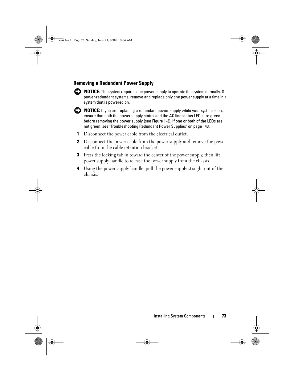 Removing a redundant power supply | Dell PowerEdge T300 User Manual | Page 73 / 194