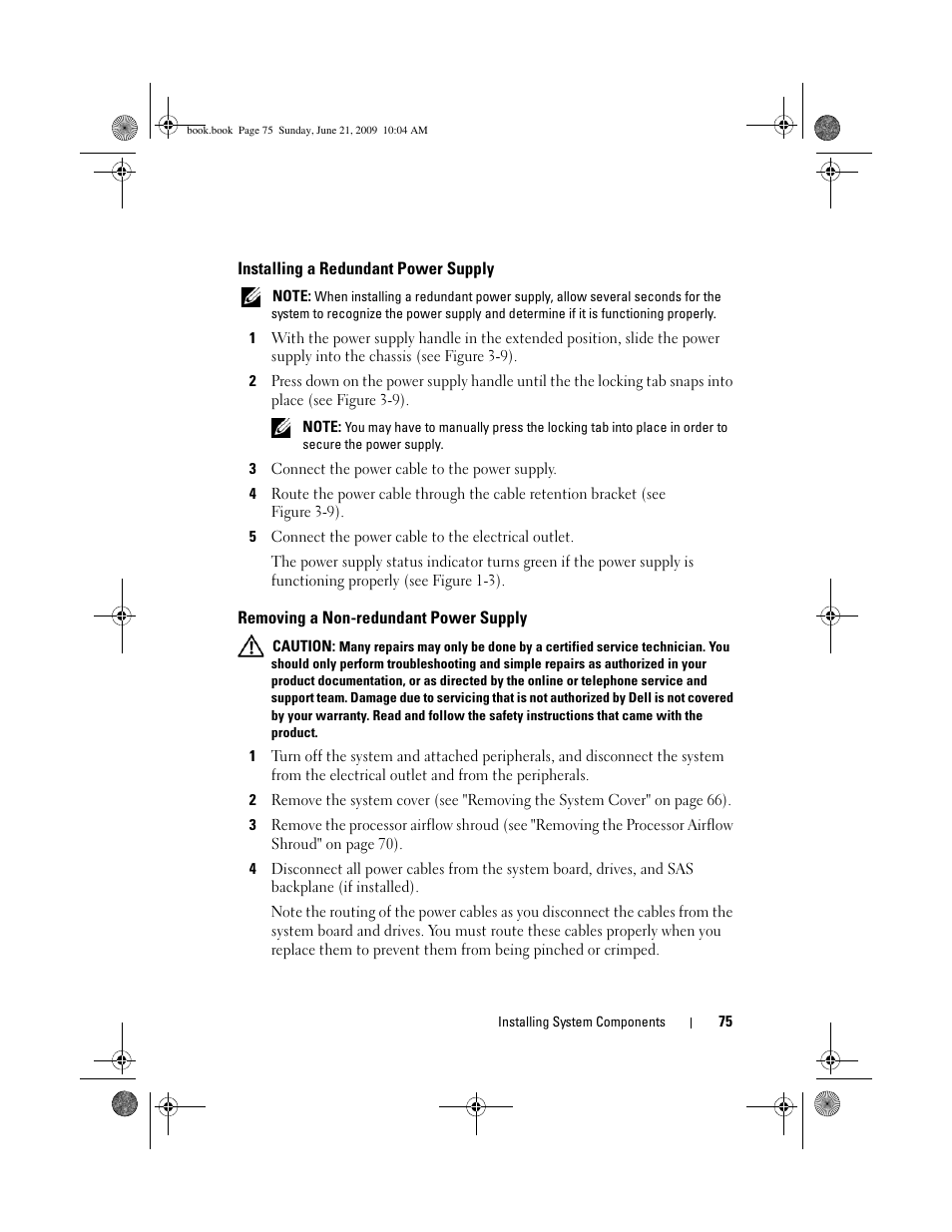 Installing a redundant power supply, Removing a non-redundant power supply | Dell PowerEdge T300 User Manual | Page 75 / 194
