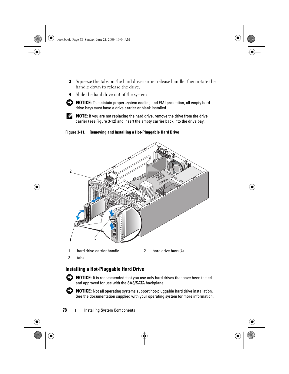 Installing a hot-pluggable hard drive | Dell PowerEdge T300 User Manual | Page 78 / 194