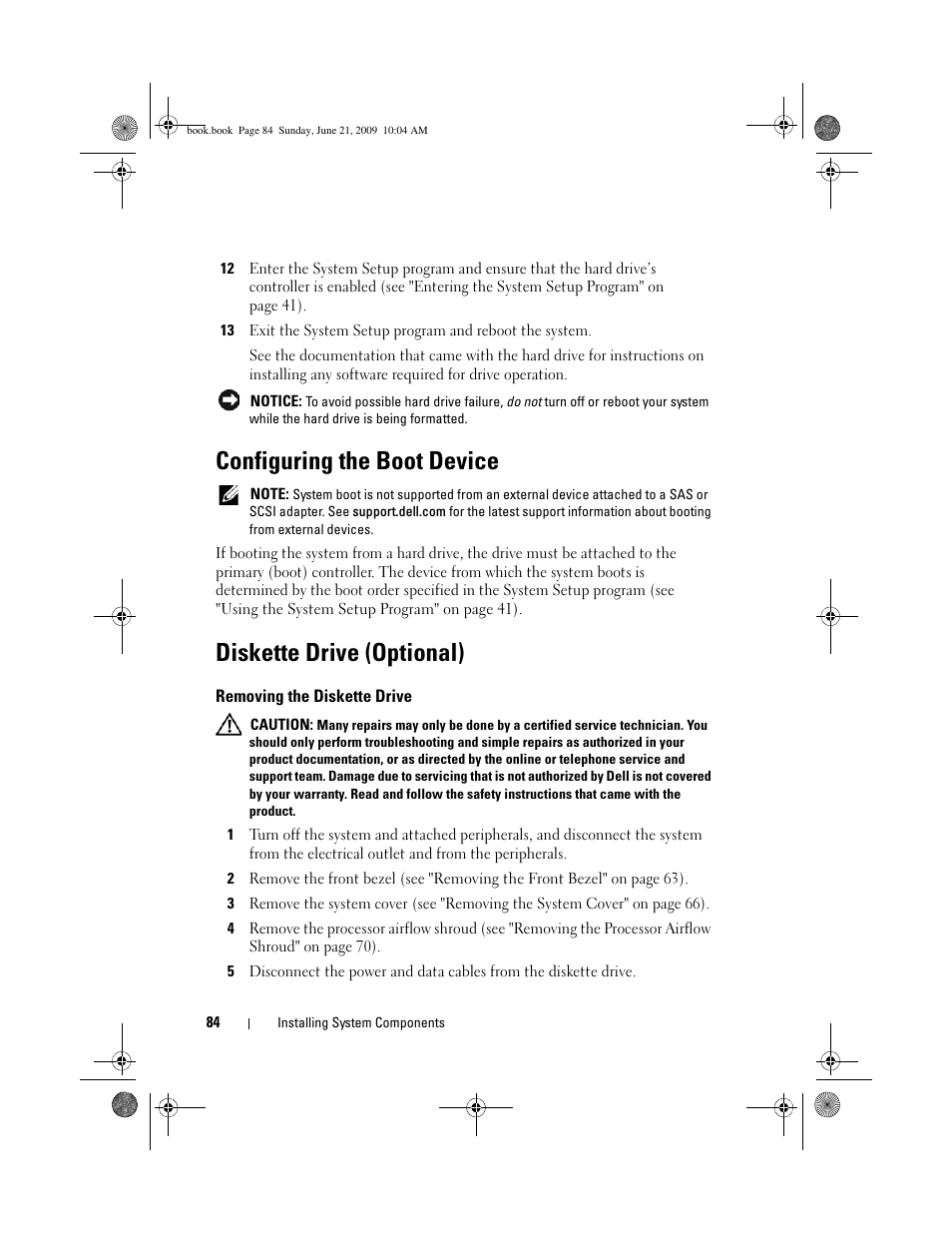 Configuring the boot device, Diskette drive (optional), Removing the diskette drive | Dell PowerEdge T300 User Manual | Page 84 / 194
