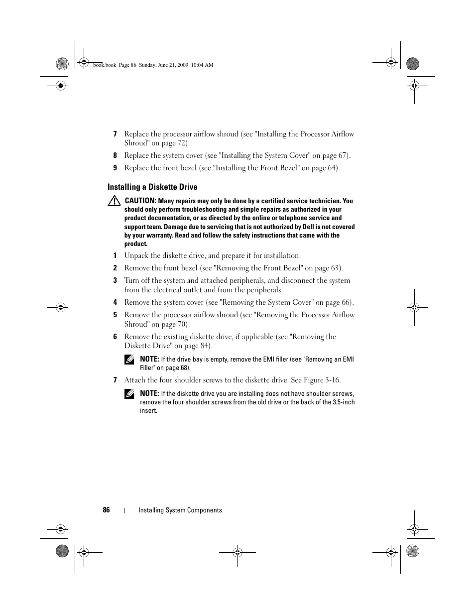 Installing a diskette drive | Dell PowerEdge T300 User Manual | Page 86 / 194