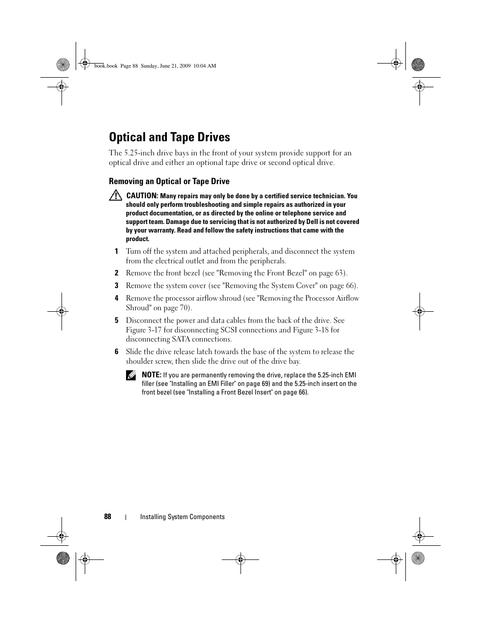 Optical and tape drives, Removing an optical or tape drive | Dell PowerEdge T300 User Manual | Page 88 / 194