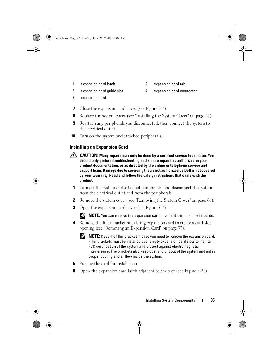 Installing an expansion card | Dell PowerEdge T300 User Manual | Page 95 / 194