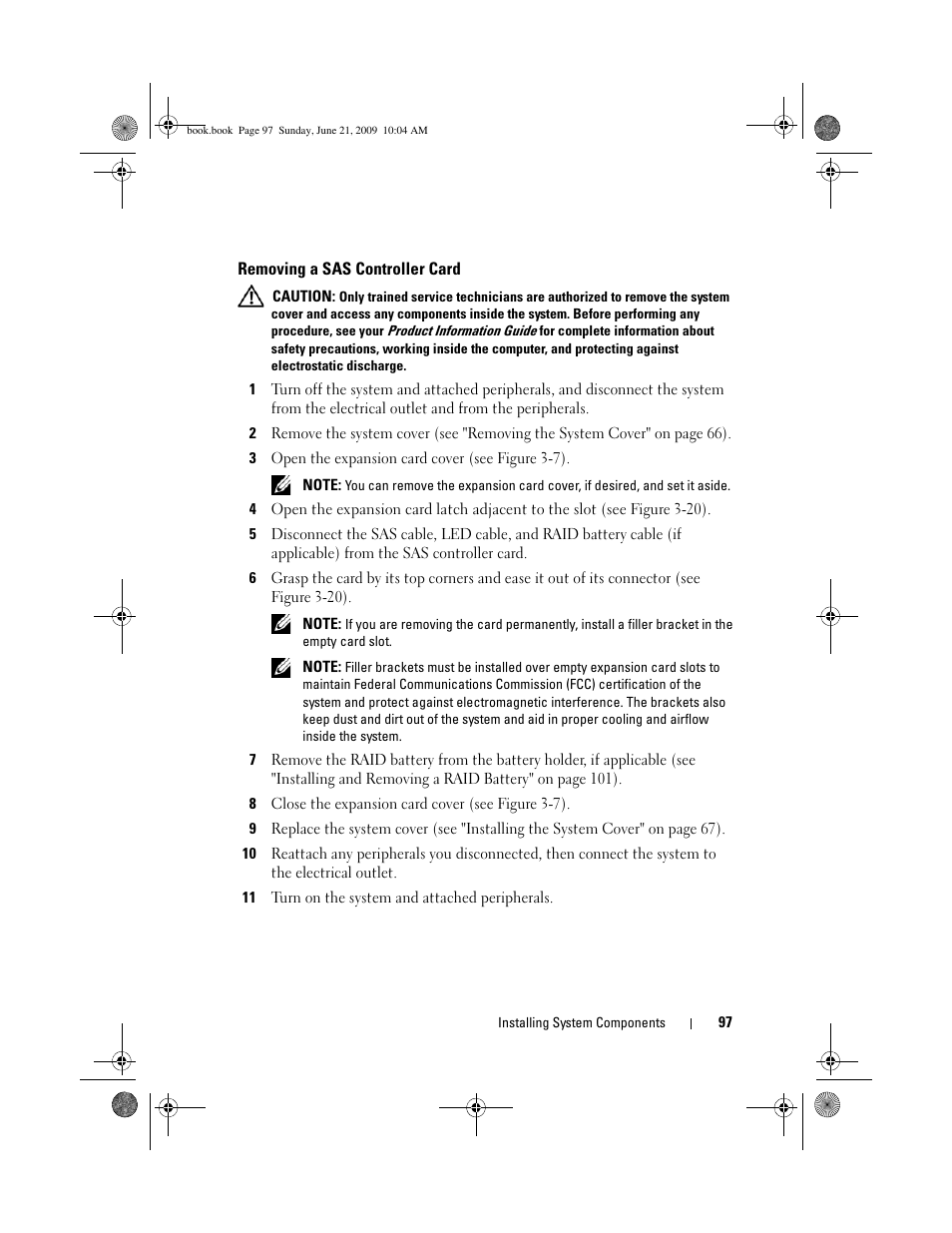 Removing a sas controller card | Dell PowerEdge T300 User Manual | Page 97 / 194