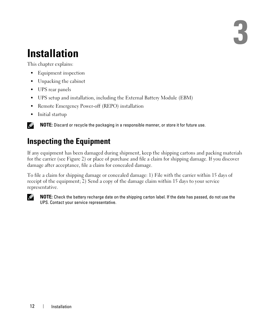 Installation, Inspecting the equipment | Dell UPS 10000R User Manual | Page 12 / 92