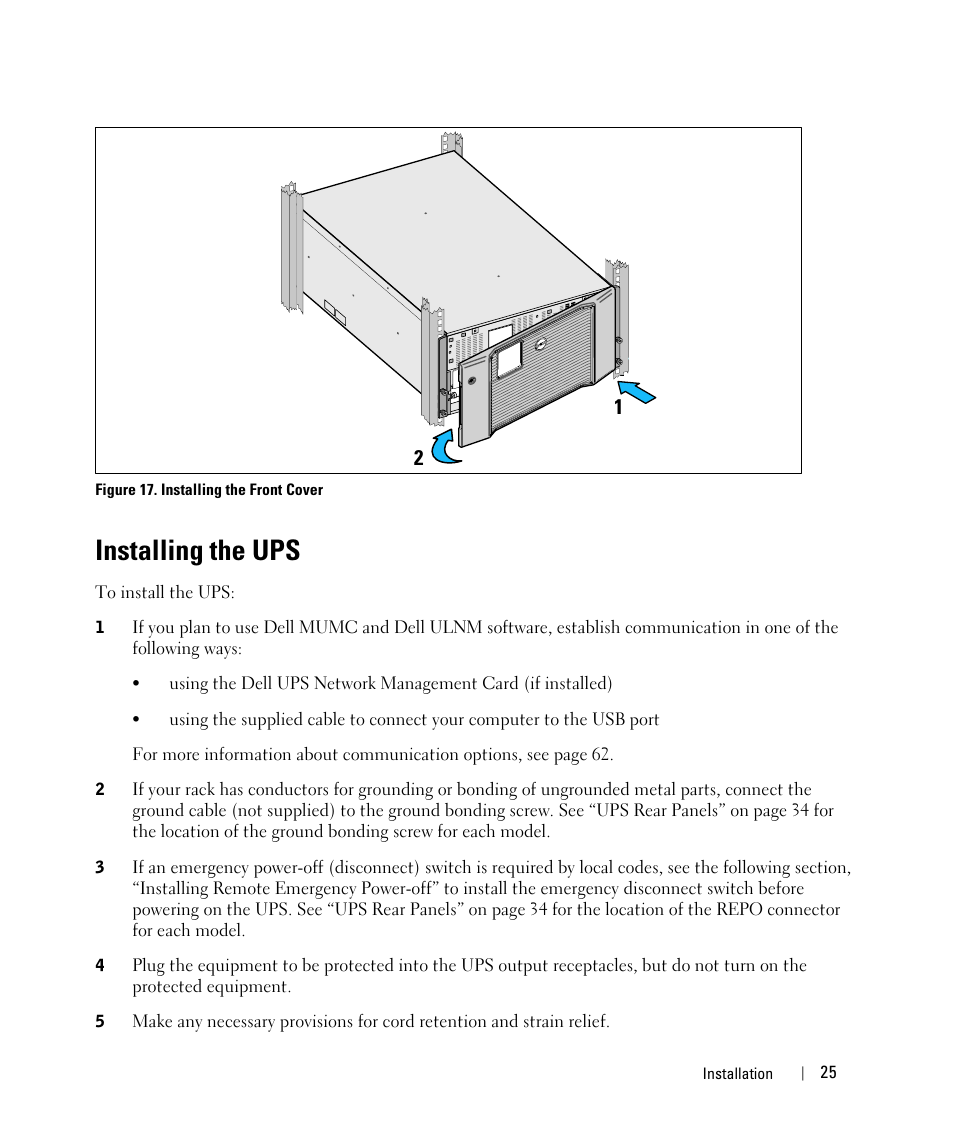 Installing the ups | Dell UPS 10000R User Manual | Page 25 / 92