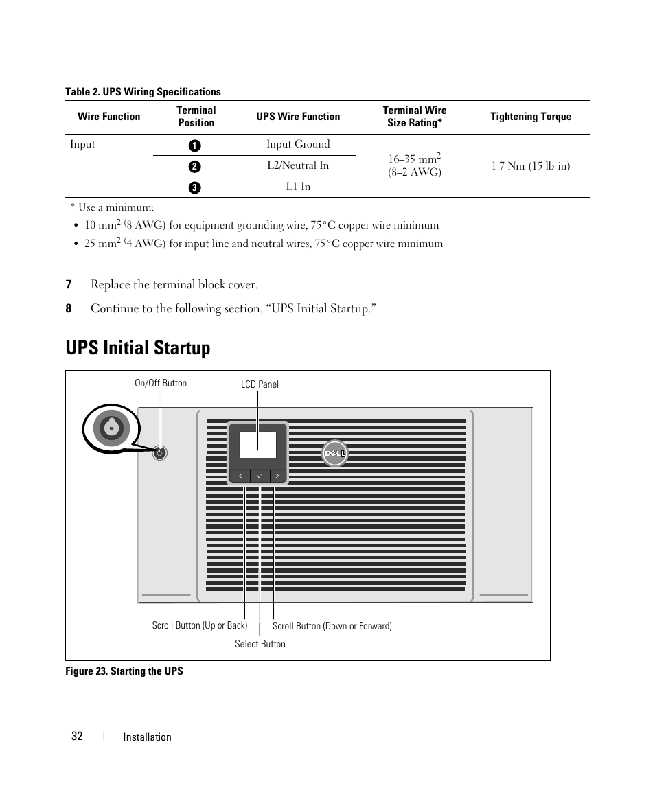 Ups initial startup | Dell UPS 10000R User Manual | Page 32 / 92