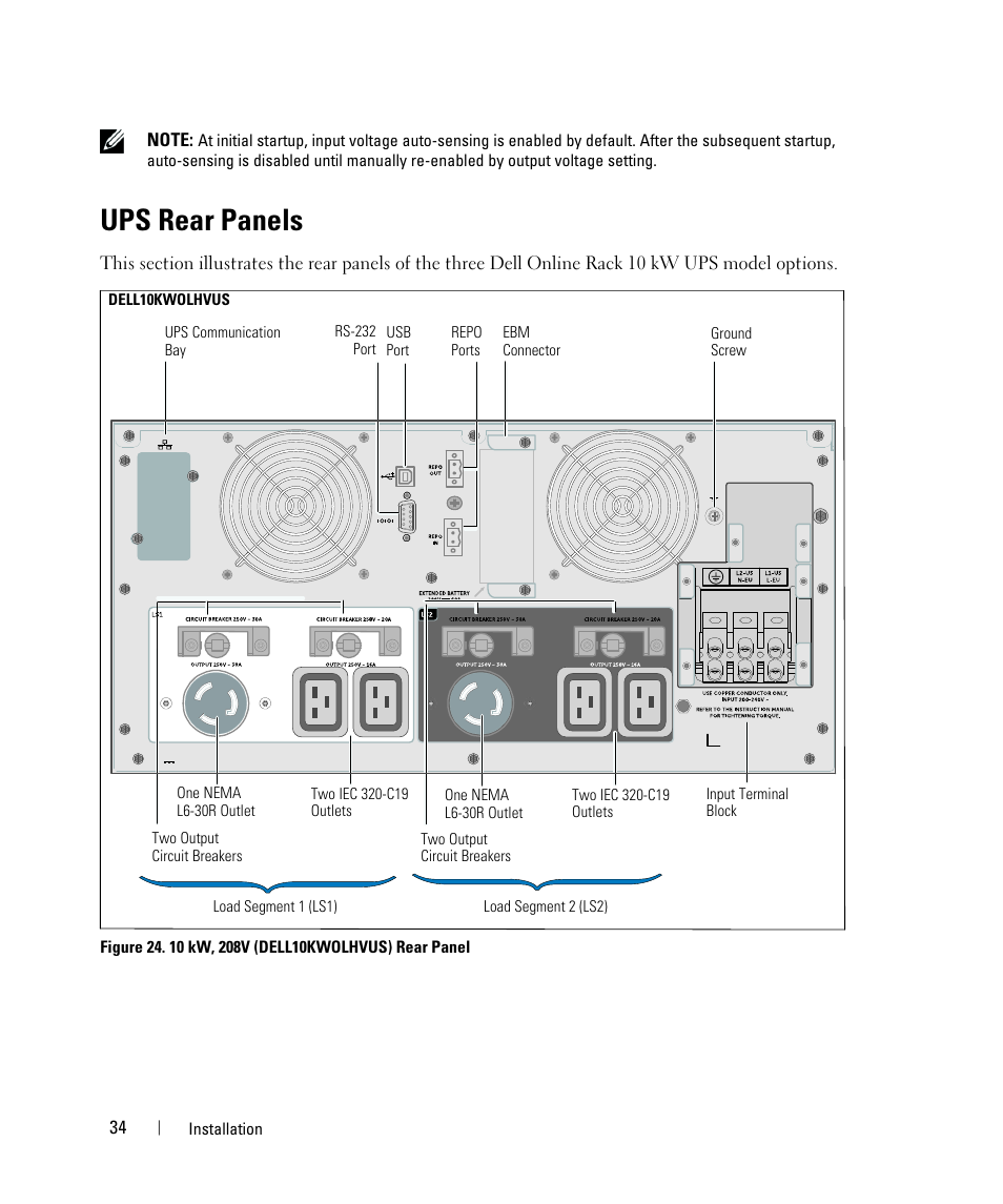 Ups rear panels | Dell UPS 10000R User Manual | Page 34 / 92