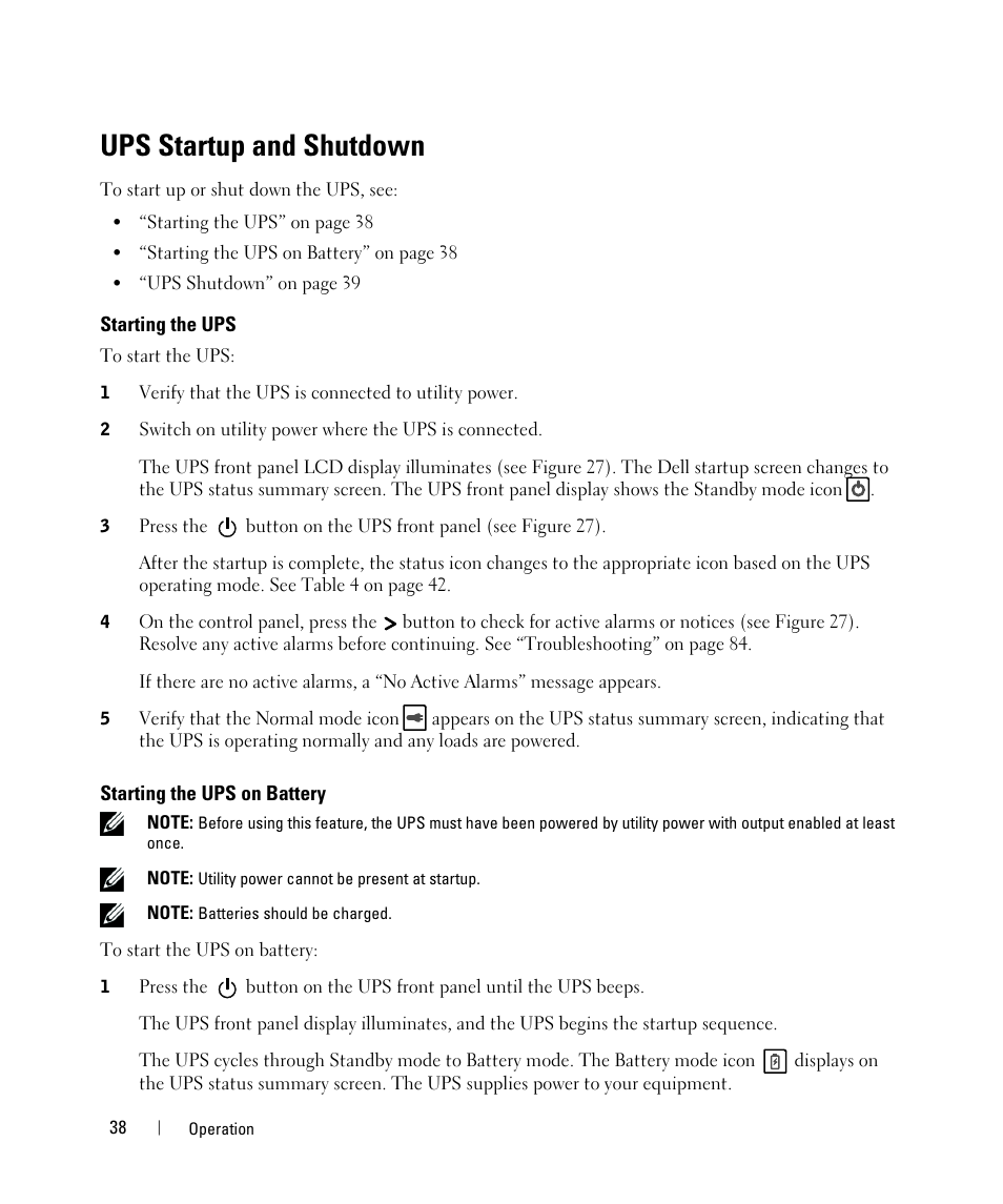 Ups startup and shutdown, Starting the ups, Starting the ups on battery | Dell UPS 10000R User Manual | Page 38 / 92