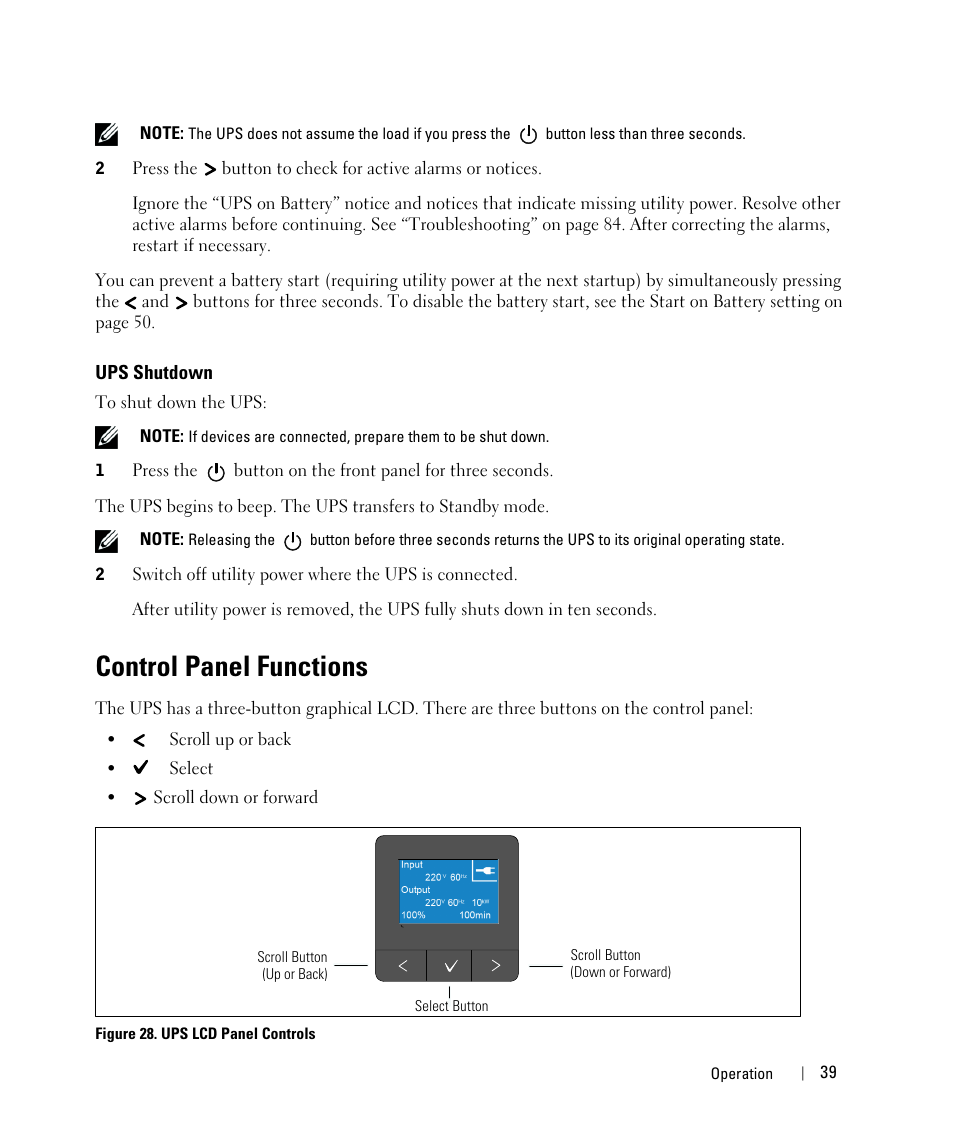 Ups shutdown, Control panel functions | Dell UPS 10000R User Manual | Page 39 / 92