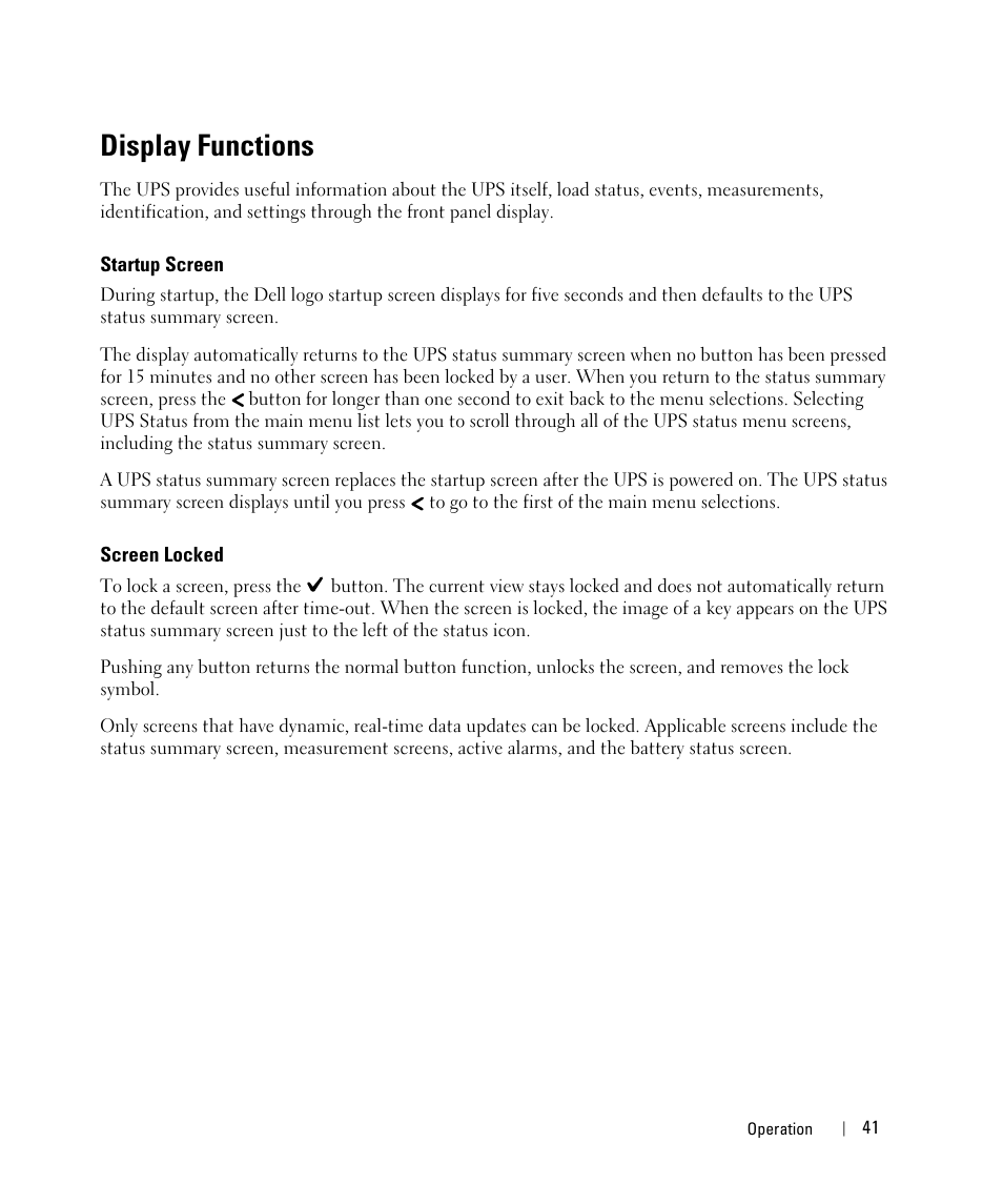 Display functions, Startup screen, Screen locked | Dell UPS 10000R User Manual | Page 41 / 92