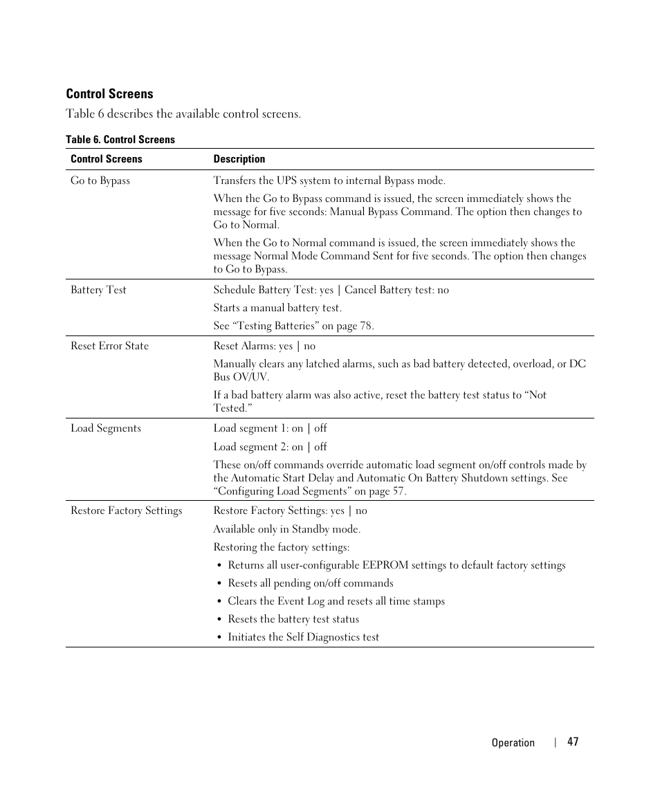 Control screens | Dell UPS 10000R User Manual | Page 47 / 92